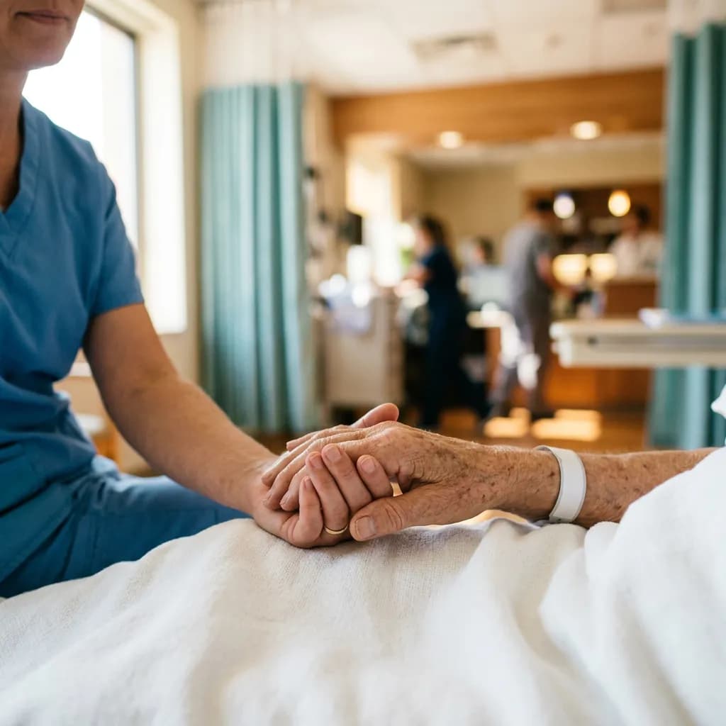 Pflegekraft in blauer Arbeitskleidung hält die Hand eines älteren Patienten in einem hellen Krankenhauszimmer.