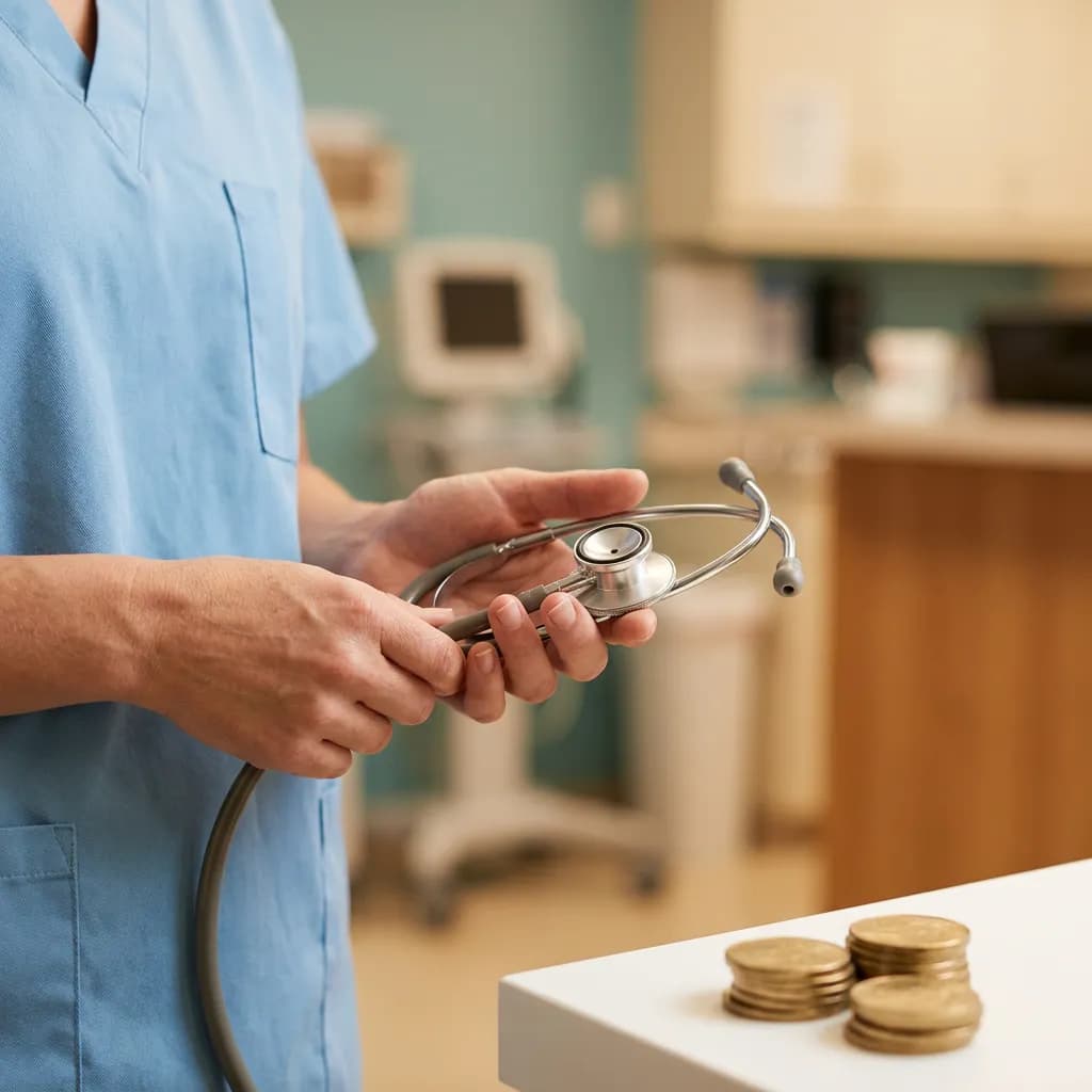 Hände in hellblauer Arbeitskleidung halten ein Stethoskop über gestapelten Goldmünzen in einer Klinik.