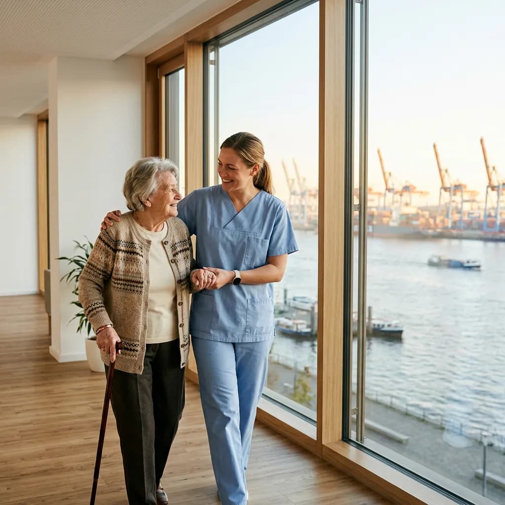 Pflegekraft in blauer Kleidung geht mit Senior an Fensterfront mit Blick auf Elbe und Hafenkräne.